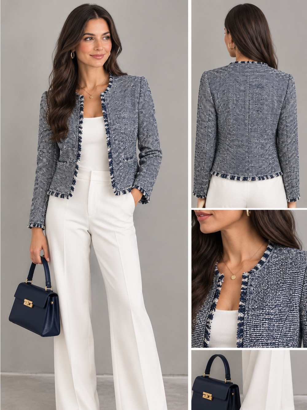 Banana Republic Tweed Fringe Jacket size 0 Blue White Open Front Blazer